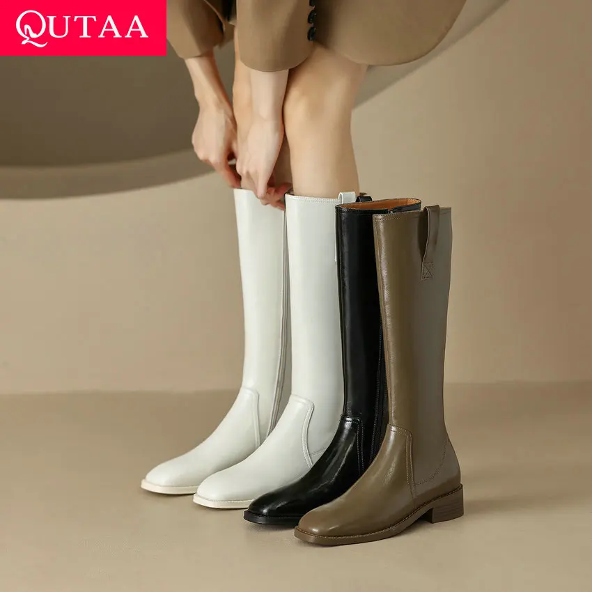 

QUTAA/2024; Женские сапоги до колена; Обувь из натуральной кожи; Женская Повседневная офисная обувь на низком каблуке с круглым носком; Сезон осень-зима; Размеры 34-40