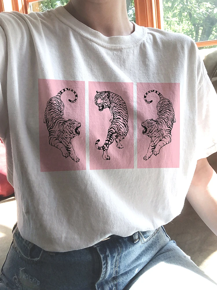 

Three Tigers Puzzle Printing Female Cotton T-Shirts Personality Casual Trend Short Sleeve Oversize All-math Womens Tee Clothing