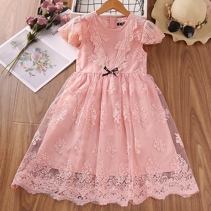 

Pink Casual Dress for Girl Summer Elegant Lace Floral Party Dresses A-Line Sweet Princess Dress 2022 New Children's Clothing