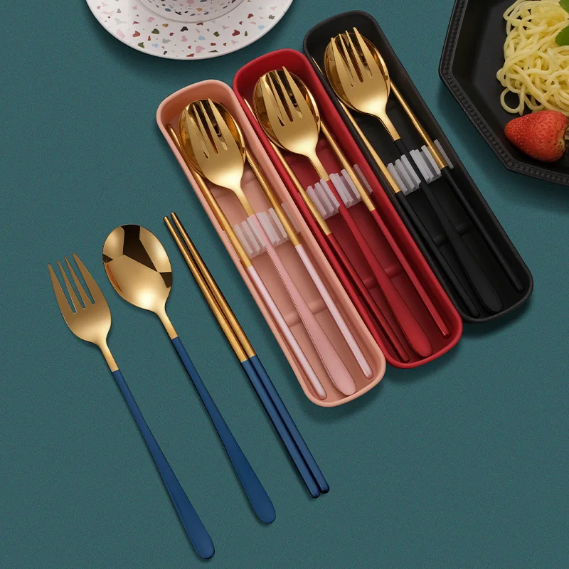 

2/3pcs Spoon Fork Chopsticks Set with Storage Box Stainless Steel Fruit Dessert Fork Spoon Dinner Tableware Set Kitchen Supplies