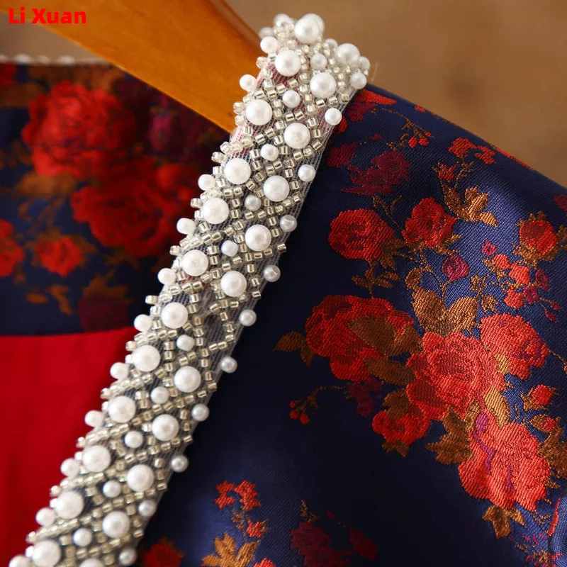 Quality Elegant Spring Autumn Brocade Short Flower Beaded Coat Round Neck Slim Fit Collarless Jacket Blazer Small Fragrance Top