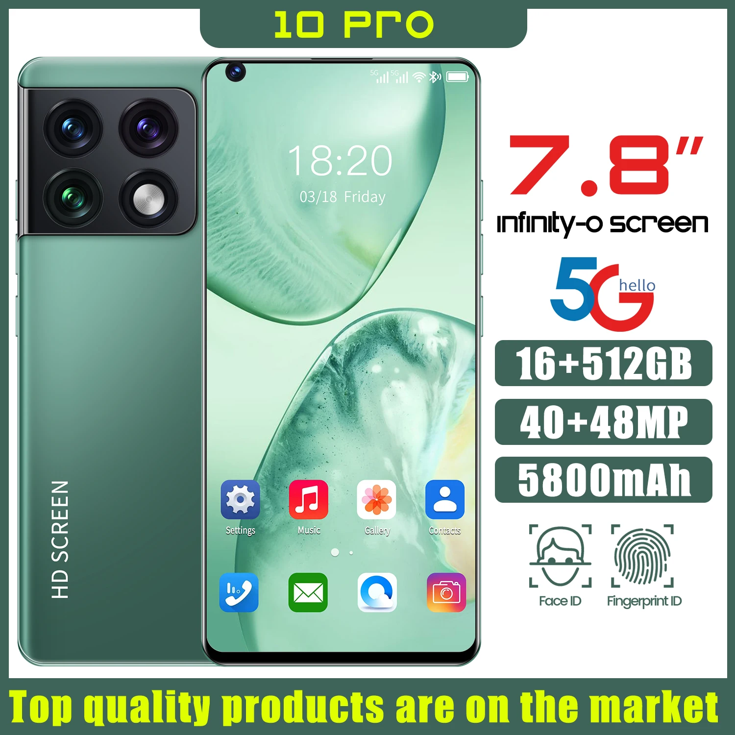 

10 Pro 7.8 Inch 16+512GB 40+48MP Dual SIM+Micro SD Face Fingerprint Unlock Deca Core 5800mAh Android 11 Smartphones MTK6889