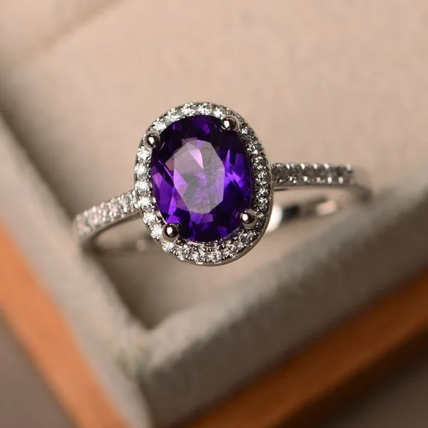 

Genuine 925 Sterling Silver Amethyst Ring for Women Classic Wedding Bands Engagement Ammthyst Gemstone Ring Girls Females