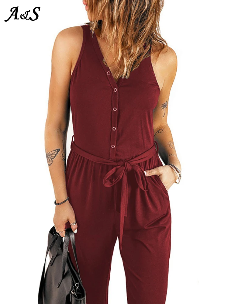 

Женский однобортный комбинезон без рукавов, повседневный однотонный комбинезон со средней талией, карманами, поясом и V-образным вырезом, лето