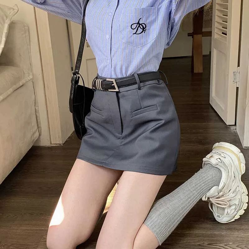 Grey Zipper Short Skirt for Women with Belt 2023 Summer New Fashion Casual Solid Color High Waist Slim Wrap Hip A-line Skirts