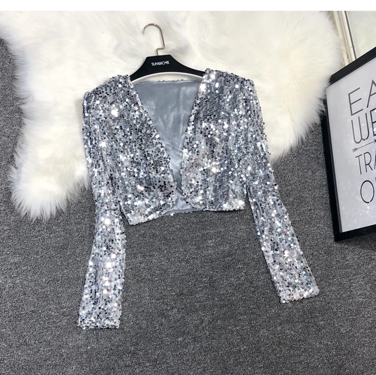 

Sigutan 2023 New Sequins Jacket Women Spring Long Sleeve Gold Silver Shiny Crop Top Dance Party Slim Female Jackets