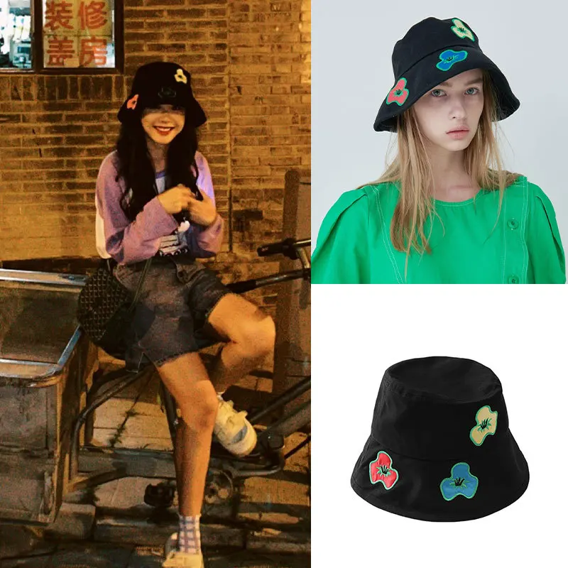 

2022 Korea Ins Flower Embroidery Bucket Hats Summer Black Sun Hat Women Panama Caps Gorras летние шляпы