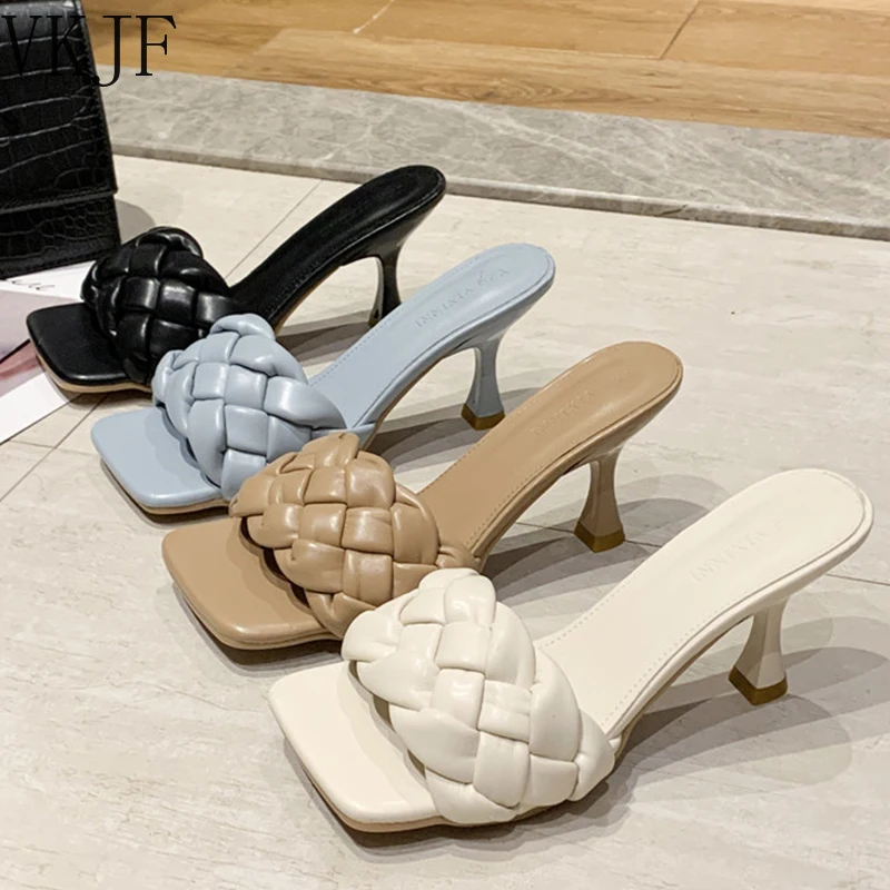 

Luxury Slides Women 8cm High Heels Mules Fetish Pumps Individual Weave Leisure Blue Office Ladies Prom Slippers Women's Shoes