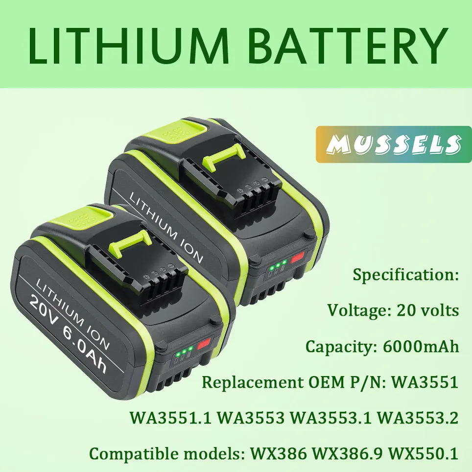 

6000mAh Replacement Worx 20V Max Li-Ion Battery WA3551 WA3551.1 WA3553 WA3641 WX373 WX390 Rechargeable Battery Tool