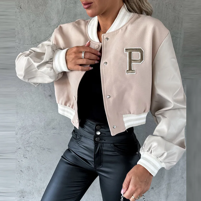

Casual Lady O Neck Single Breasted Short Coat Retro Long Sleeve Outwear Fall Fashion Letter Color Block Street Motorcycle Jacket