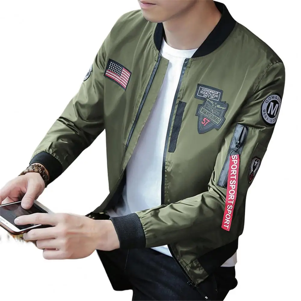 

Casual Jacket Baseball Coat Streetwear Baseball Coat with Badge Decor Zipper Closure Elastic Cuff Hem Stylish Men's Jacket