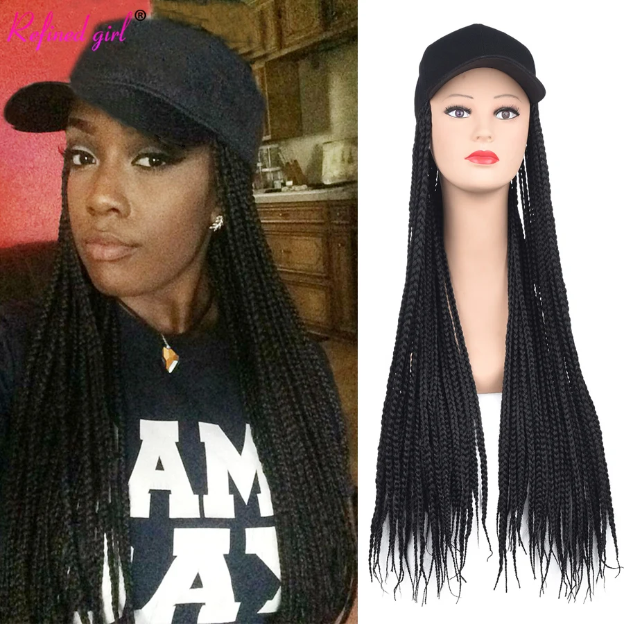 

Braided Hat Wig Baseball Cap Wig 24Inches Long Ombre 3X Box Braids Cap Wig Hat with Synthetic Braiding Hair Adjustable Size