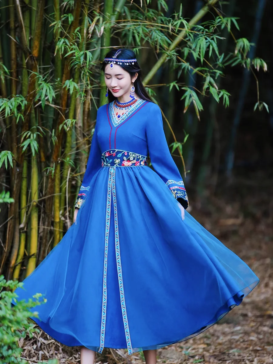 TIYIHAILEY 2023 New Free Shipping Vintage Women Long Maxi Full Sleeve Spring Gorgeous Autumn Embroidery Blue Dresses