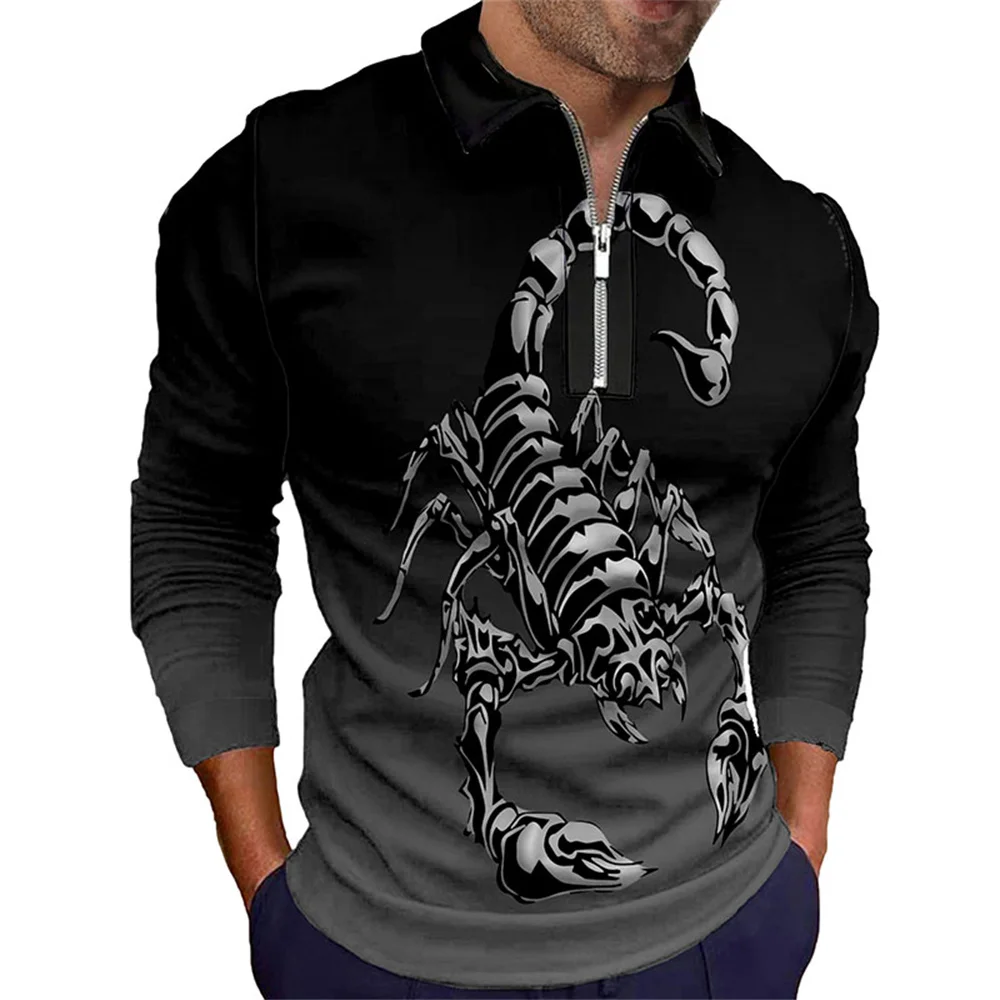 

2022 Autumn New Fashion Cool Scorpions 3d Digital Printing Men's Polo Shirts Casual Long Sleeve Zipper Tops for Men Clothes