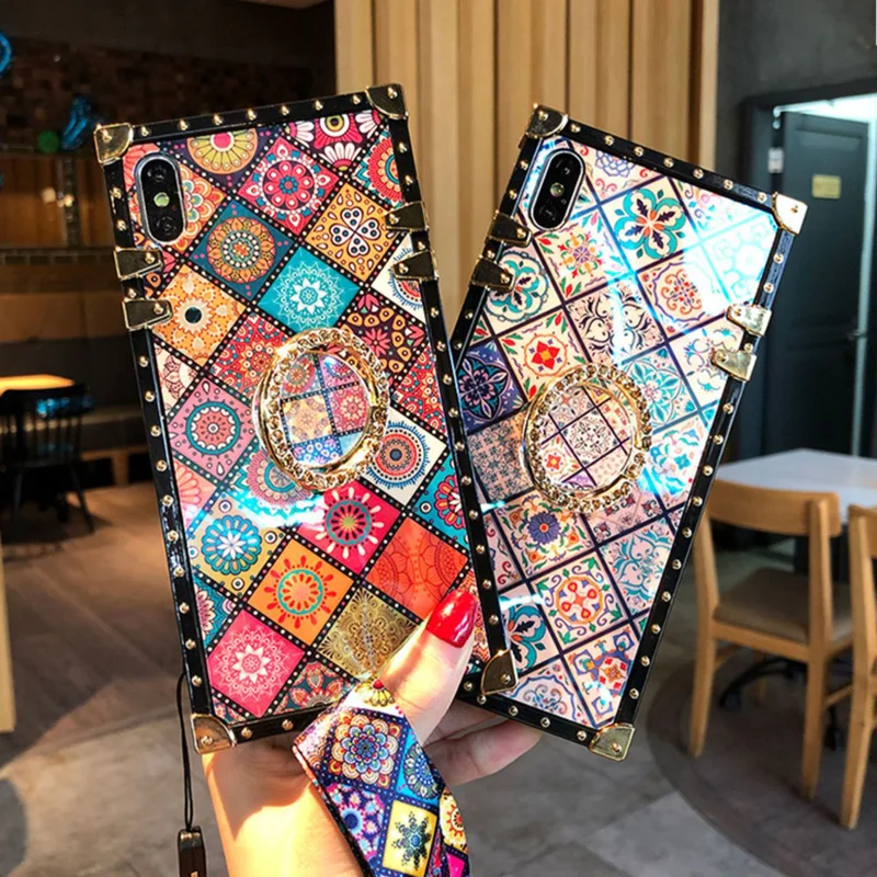 

Mirror Geometric Silicone Finger Ring Stand Bracket For iPhone 13 12 11 Pro Max XR XS Max 7 8 Plus Phone Case Protective Cover