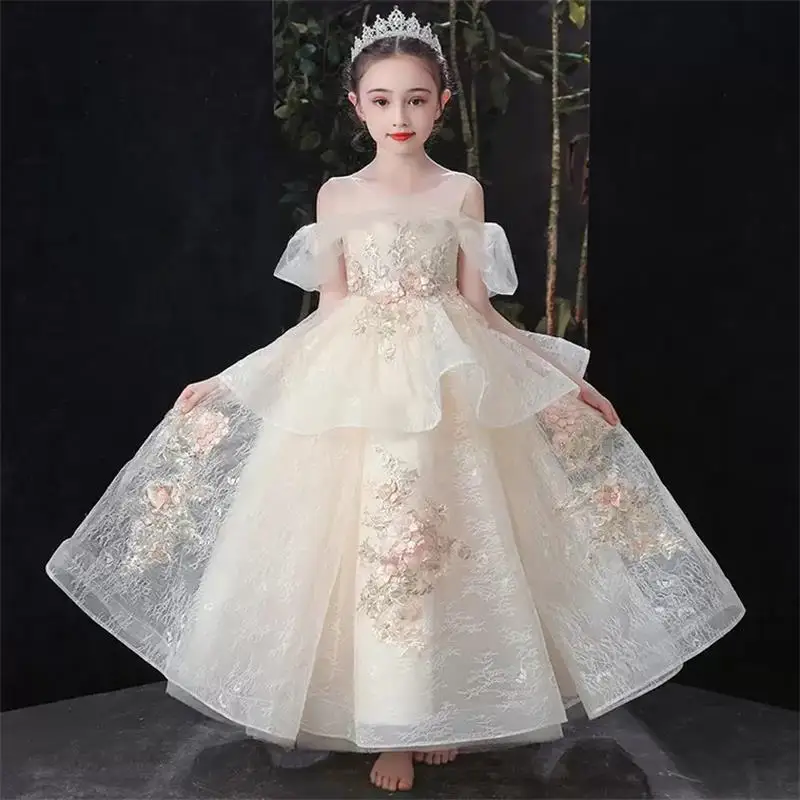 

Beautiful Girl Flower Dresses Appliques Boho Custom Made Tiered Ankle Length KIds Pageant Gown Dress