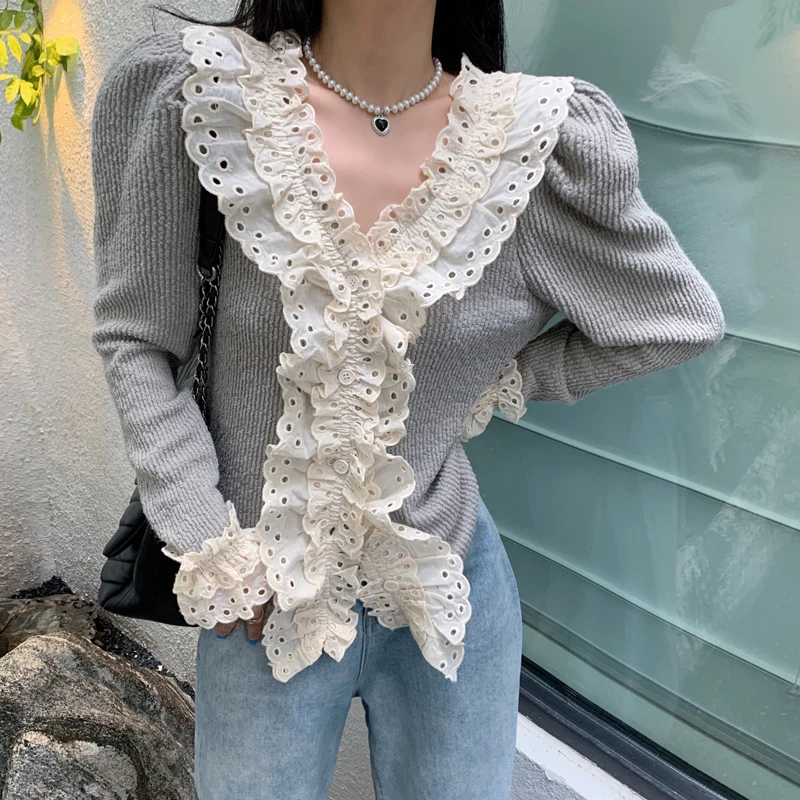 

Chic Lace Ruffled Cardigan Slim Korean Style Sweet V-neck Vintage Top 2022 Spring And Autumn New Women's Clothing