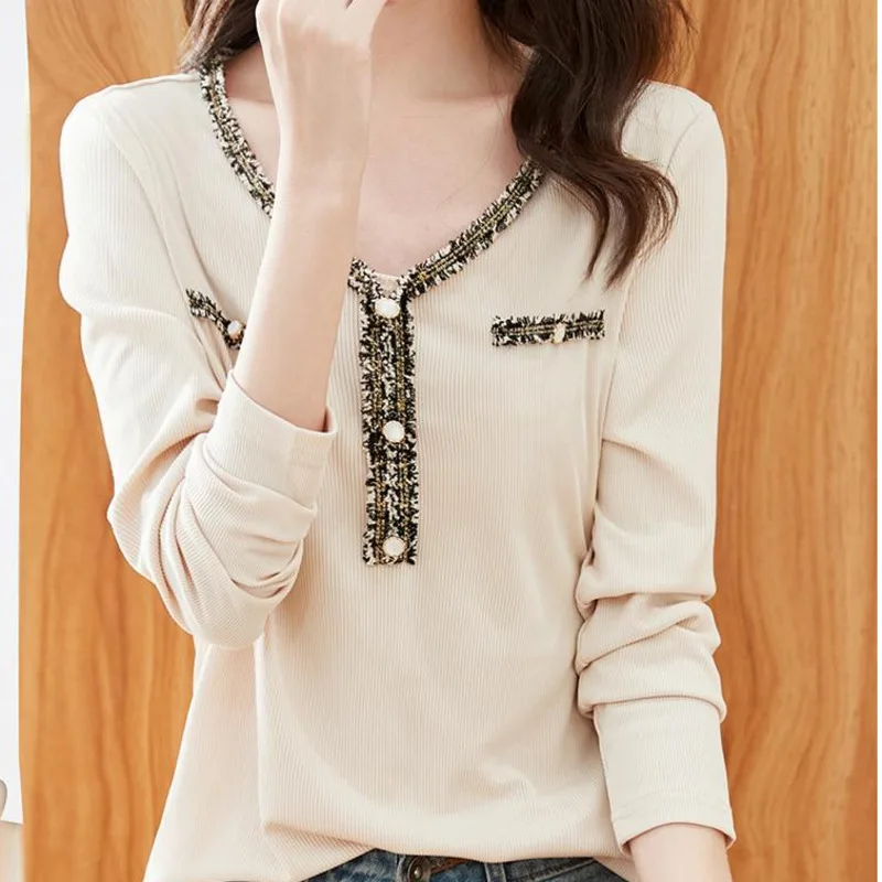 

#9355 Autumn Beige Long Sleeve T Shirt Women V-neck Sexy Cotton Slim Fit Korean Style Skinny Women's T-shirt Vintage Office Tee
