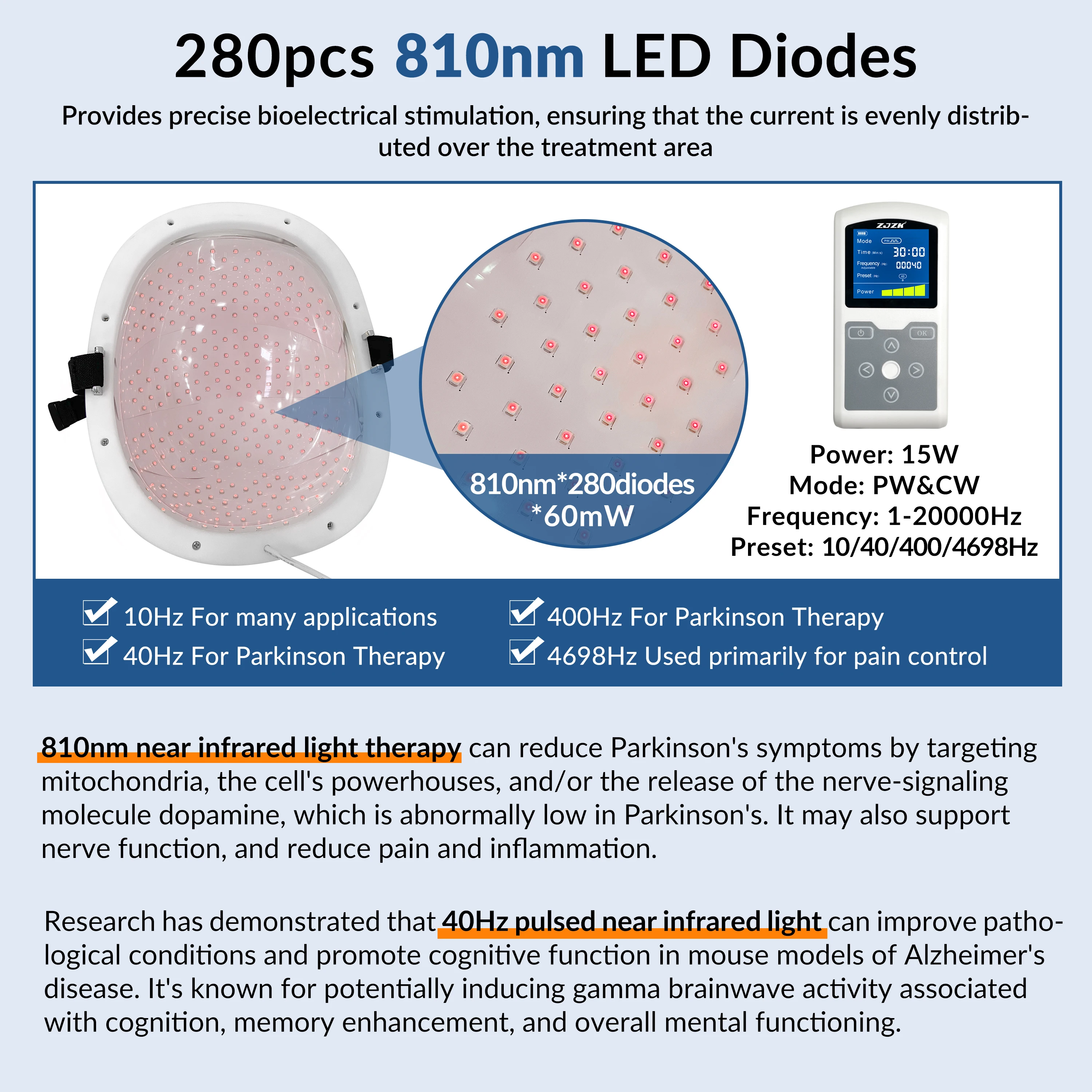 Фото Шапочка с LED-лампами 810 нм для снятия мигрени, лечения болезни Альцгеймера, болезни Паркинсона, головной боли, аутизма и реабилитации после инсульта (модель 2026) №4