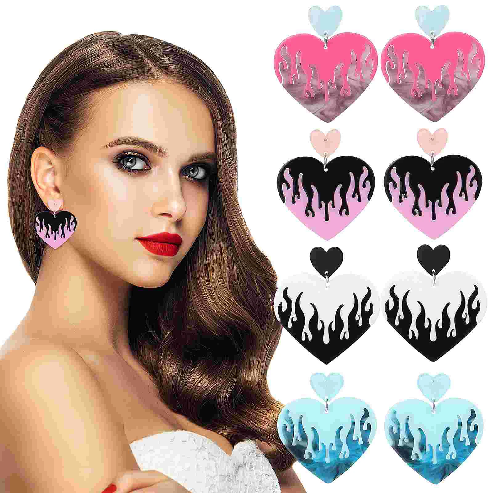 

4 Pairs Rose Quartz Earrings Women Love Heart Dangle Drop Clips Double Stud Temperament