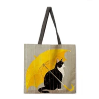 naughty cat flower womens handbag linen faric bag womens shoulder bag outdoor leisure handbag foldable shopping bag