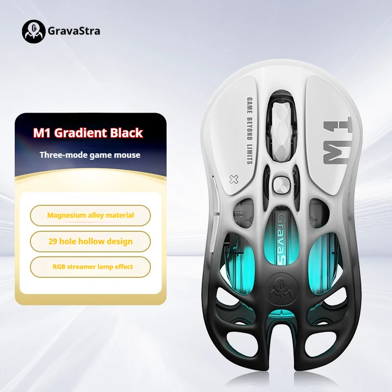 Фото GravaStar M1 M2 Беспроводная игровая мышь из магниевого сплава PAW3395 4K 26000 точек на дюйм Bluetooth 2,4G Проводная игровая мышь с полым дизайном №1