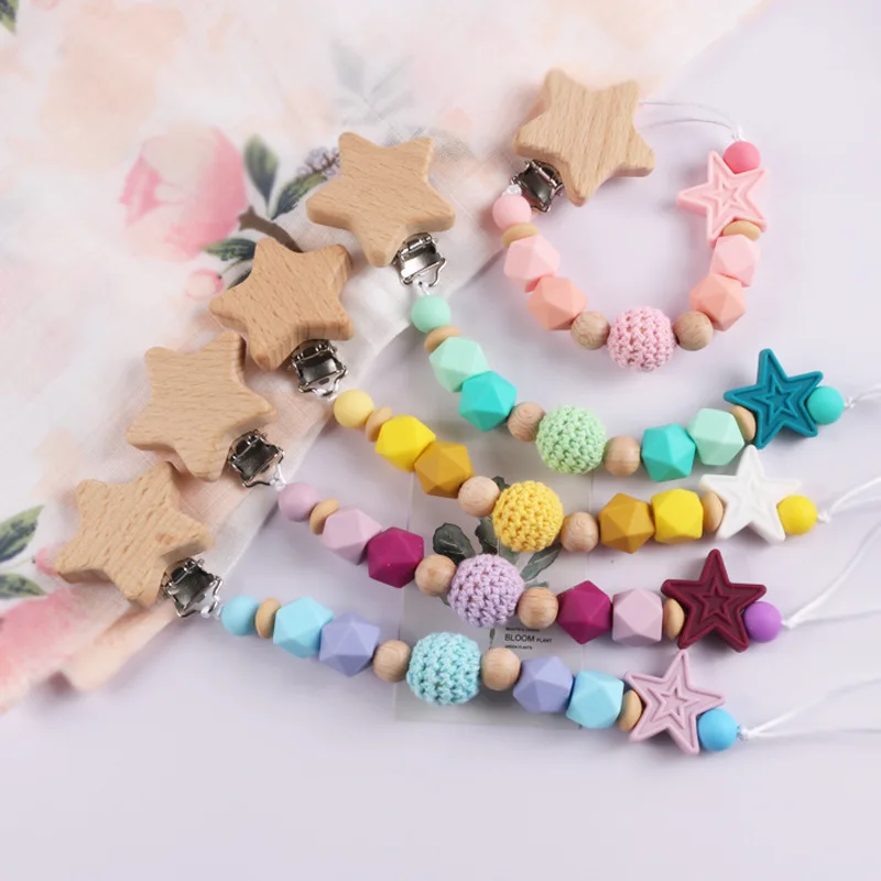 

Handmade Baby Pacifier Clip Teether Dummy Beads Holder Chain Baby Chew Soother Star Silicone Wooden Eco-Friendly Newborn Gifts