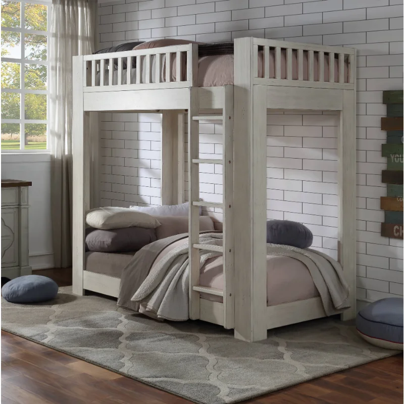 

[Flash Deal]Double Layer Bed Weathered White Veneer Double Layer Bed, Safety Barrier, Fixed Ladder Solid Wood[US Stock]