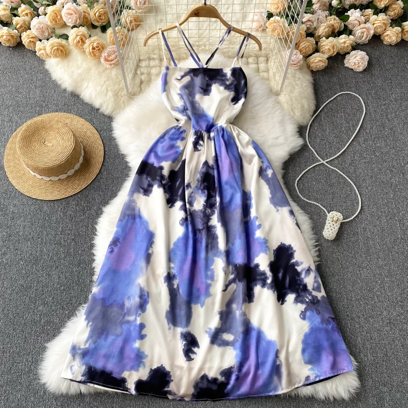 

GLAUKE 2022 Fashion French Style Retro Chiffon Strap Dress Summer New Gentle Seaside Vacation Beach Long Dress