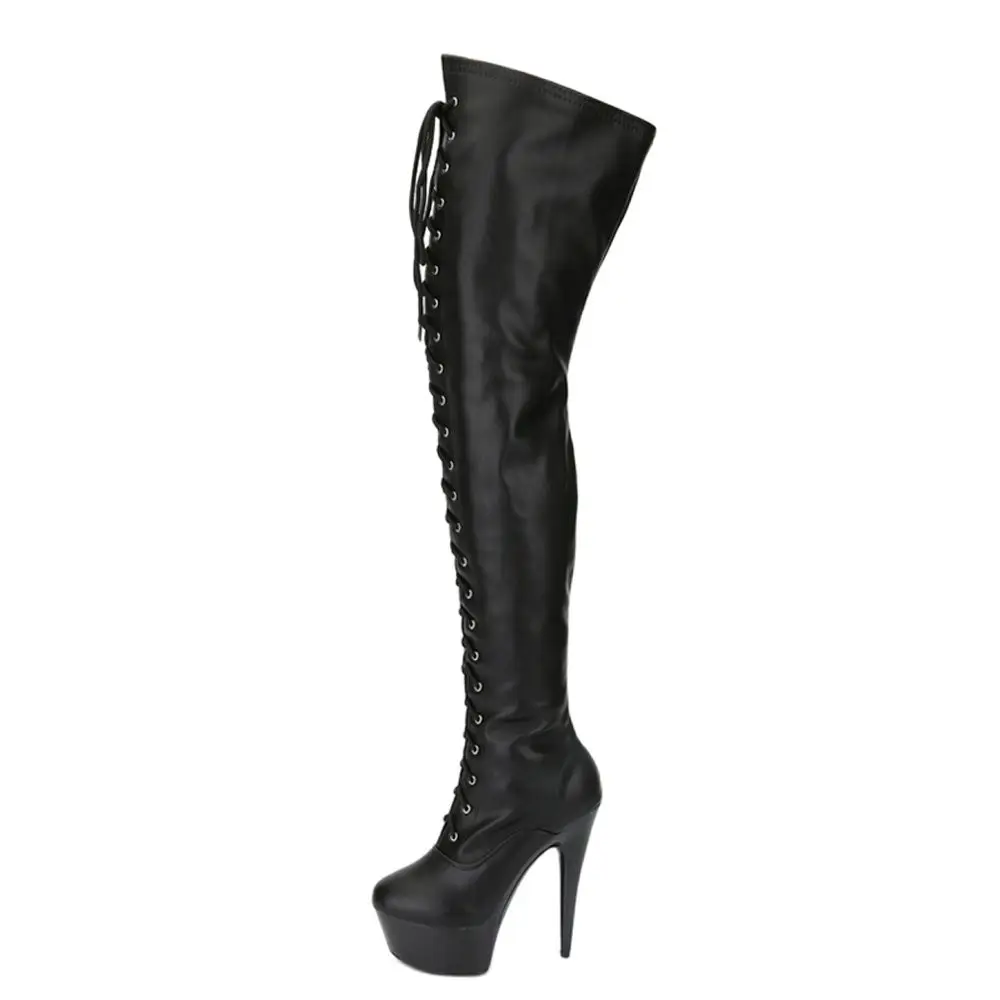 Women's Pole Dance Boots Over-The-Knee 15CM High-Heeled Cross-tied Side-Zip Stripper Gothic Sexy Fetish Thigh High Boots