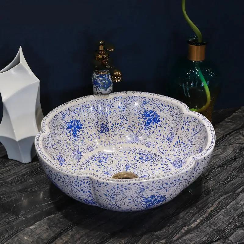 

Jingdezhen ceramic flower shape art counter wash basin lavabo sinks blue and white ceramic wash basin Bathroom sink