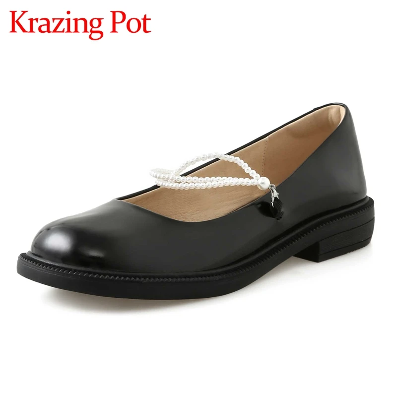 

Krazing pot cow split leather round toe low heel Mary janes beauty girls dating sweet pearl decorations brand women pumps L19