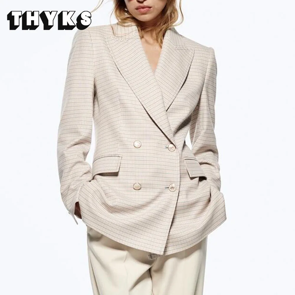 

Spring New Women's Double Breasted Blazer Plaid Jacket Office Lady Elegant Stylish Coats Abrigos Female Outwear 2022 Fashion