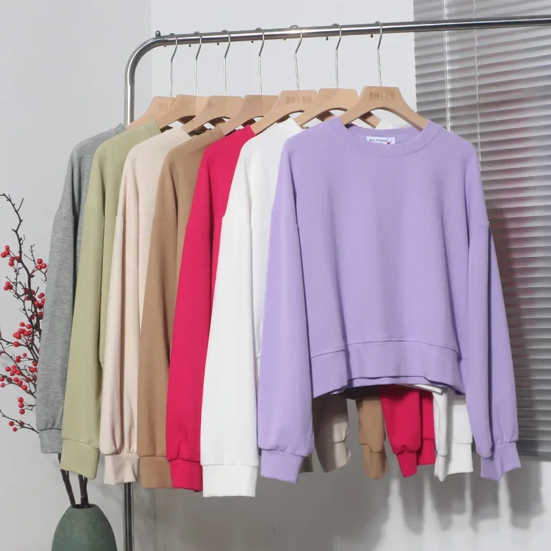 

Solid Color Short Long Sleeved Women Sweatshirts 2023 Korean Loose Round Neck Pullover Top Versatile Fashion Sweatshirt