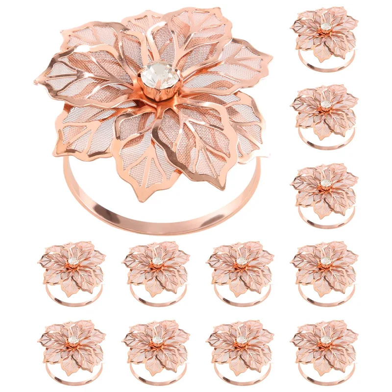 

12 Pieces Alloy Napkin Rings with Hollow Out Flower Napkin Holder Floral Rhinestone Napkin Rings Adornment Exquisit