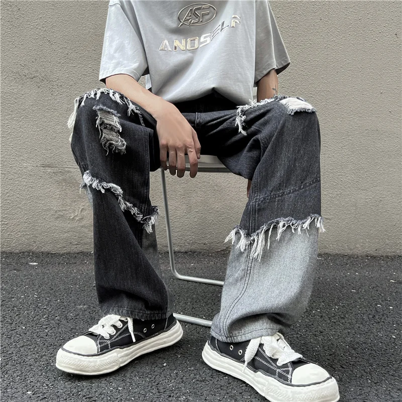 Spliced Holes Distressed Fray Men Denim Jeans Pants Ins Vibe Chic Streetwear Handsome Straight Trousers Plus Size S-XXXL Pants