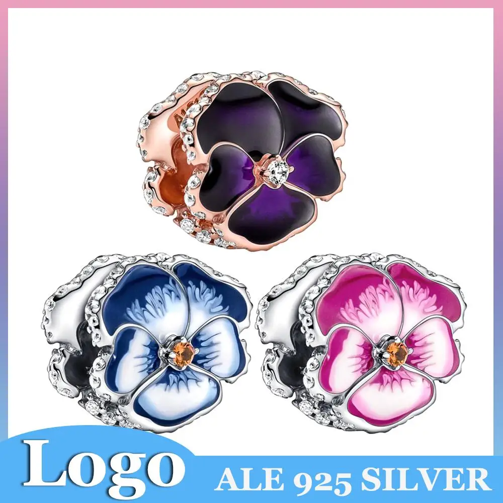 

Pandora 100% 925 Sterling Silver Pansy Charm Blue Pink Purple Beads fit Original Bracelet Jewelry Making for Women Gifts
