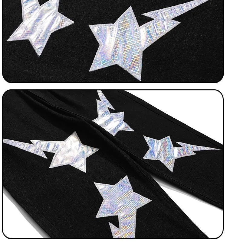 Jeans original hip-hop street lightning five-pointed star patch men and women summer loose casual wide-leg straight jeans