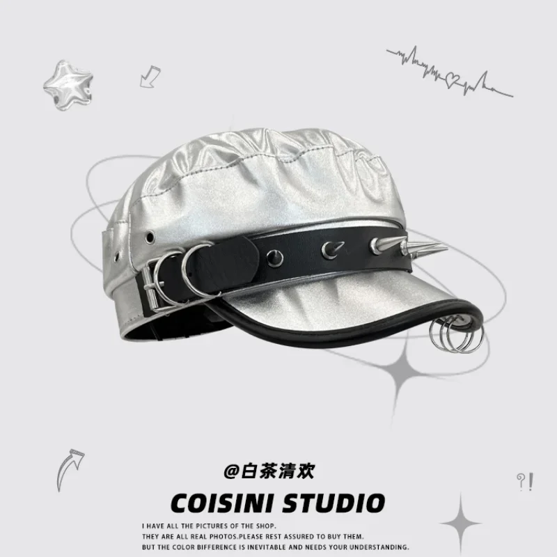 Кепка-берет Серебристая с заклепками в стиле панк