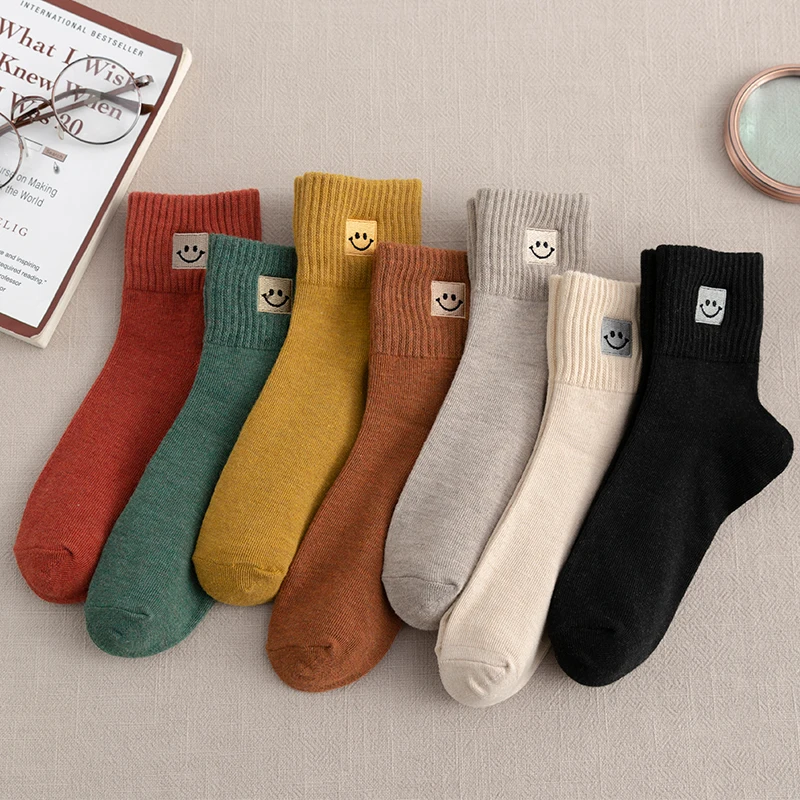 5 Pairs/Lot Women's Cotton Smile Embroidery Socks Cartoon Cute Solid Breathable Socks Happy Harajuku Casual Smile Funny Socks