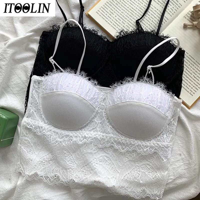 

ITOOLIN Summer Sexy Lace Crop Top Women Y2K Tank Top Wireless Bralette Breathable Camisole Streetwear Solid Color Clothing