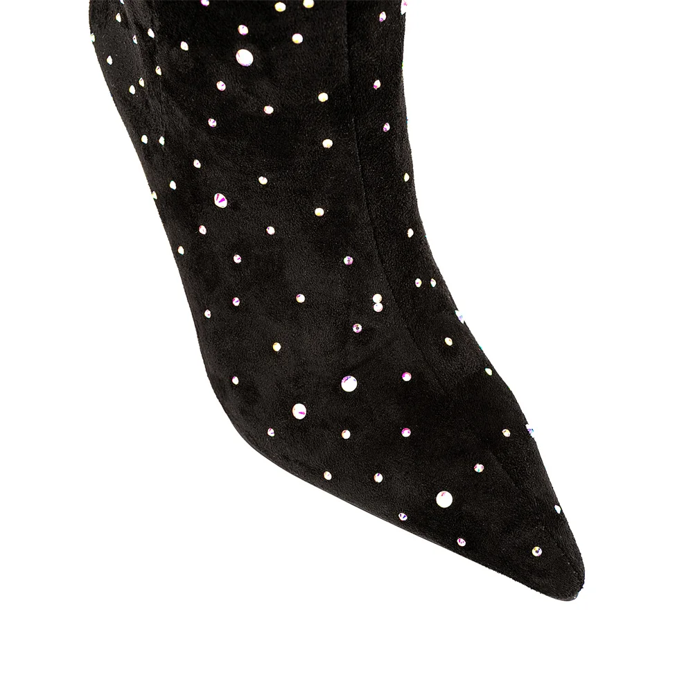 Diamond Medium Sleeve Women's Fashion Knee Length Boots Pointed Toe Stiletto Heels Autumn Crystal Loom Pleated Boots Large 45