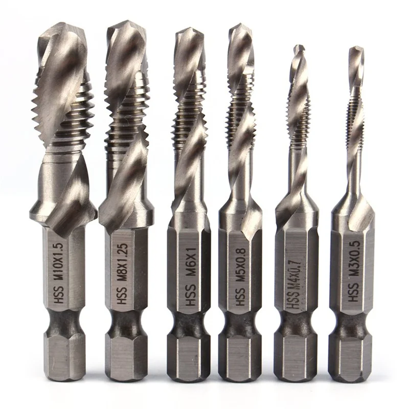 

6PCS Hss Taps Countersink M3-M10 High Speed Steel 1/4 IN Quick Change Hex Screw Tap Drill Bits Deburr Set Metric Combination Bit