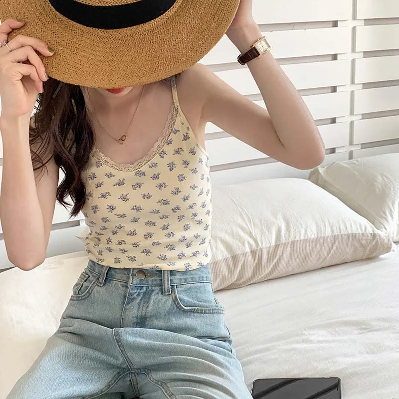 Женская майка в Корейском стиле облегающий Топ без рукавов с цветочным принтом 10