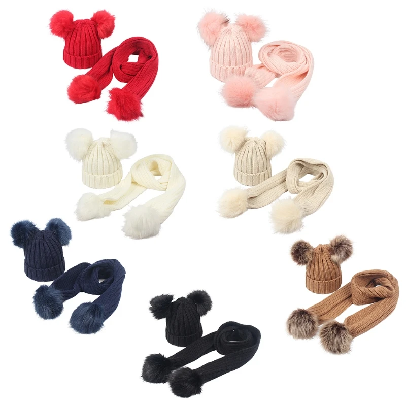 

L21E Toddler Kids Winter Warm Ribbed Knitted Beanie Hat with Long Scarf Set Solid Color Cute Double Pom Pom Ears Cuffed Skull