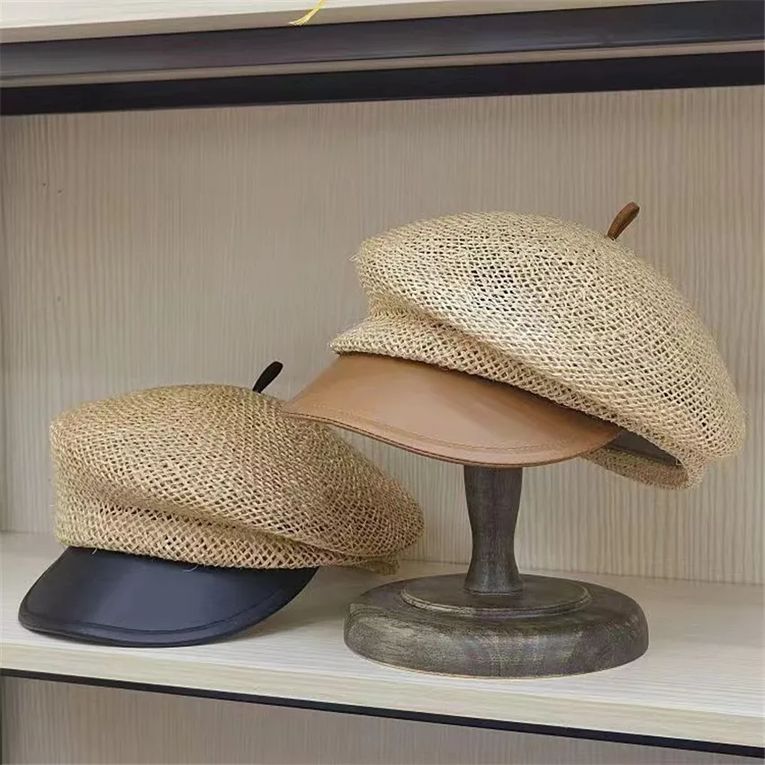 

202303-2508373 chic dropshipping japan summer Hand woven sisal linen pu brim fashion street visor cap men women service cap