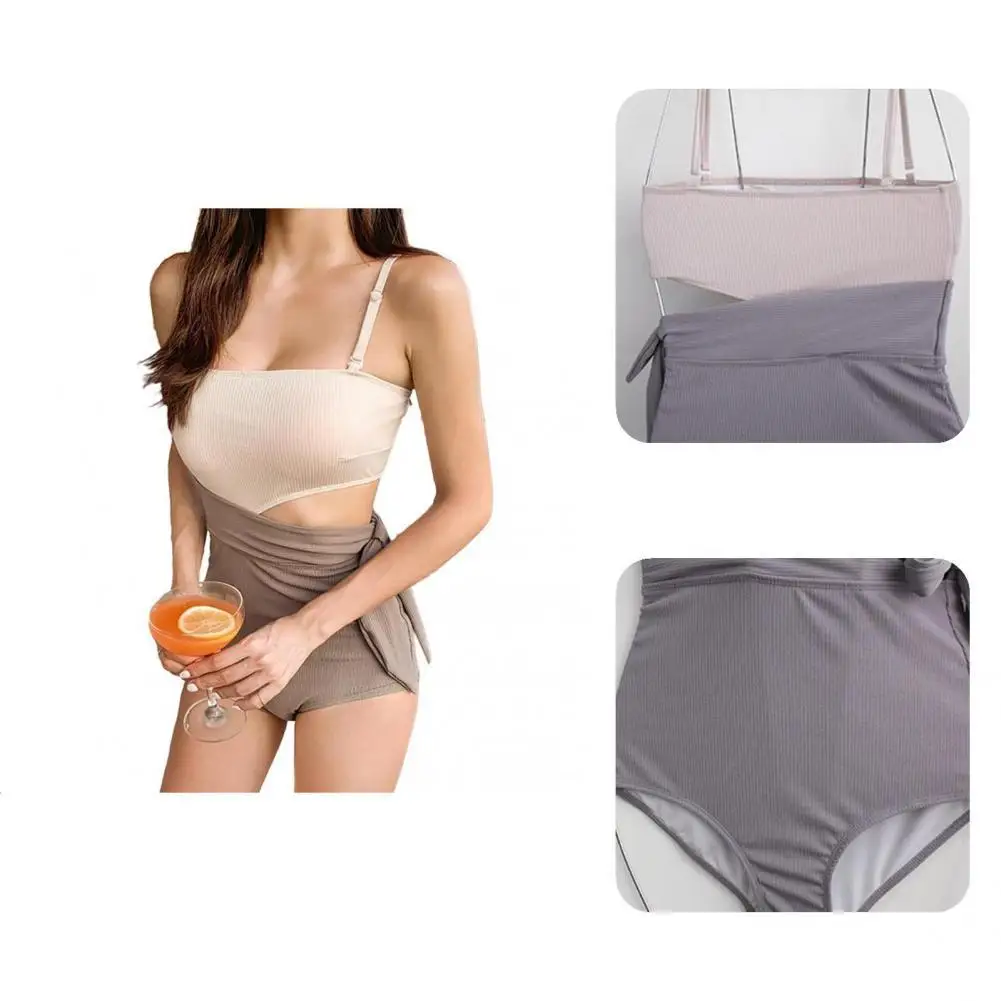 

Eye-attractive Patchwork Color Waist Cut Out Swimsuit Lightweight Beach Monokini Spaghettic Straps for Water Activity