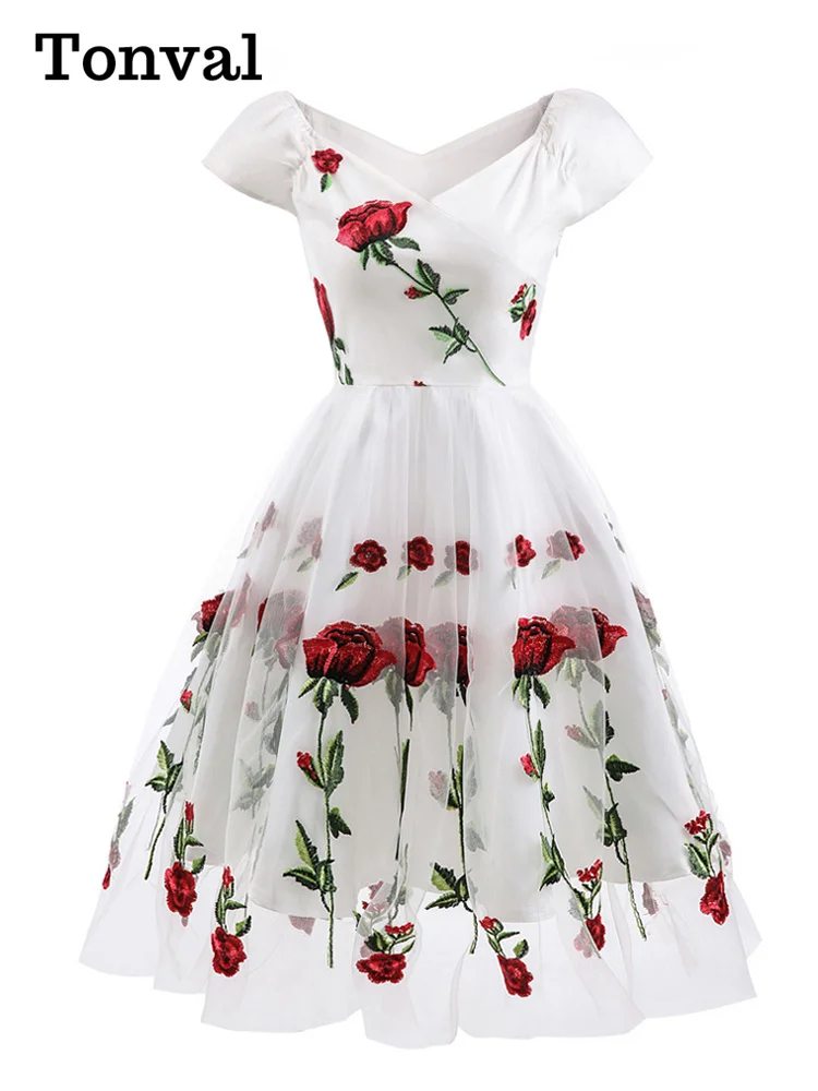 Tonval Rose Floral Embroidered V-Neck Elegant Party Dress Pleated Mesh Overlay Women Short Sleeve Vintage Summer Dresses