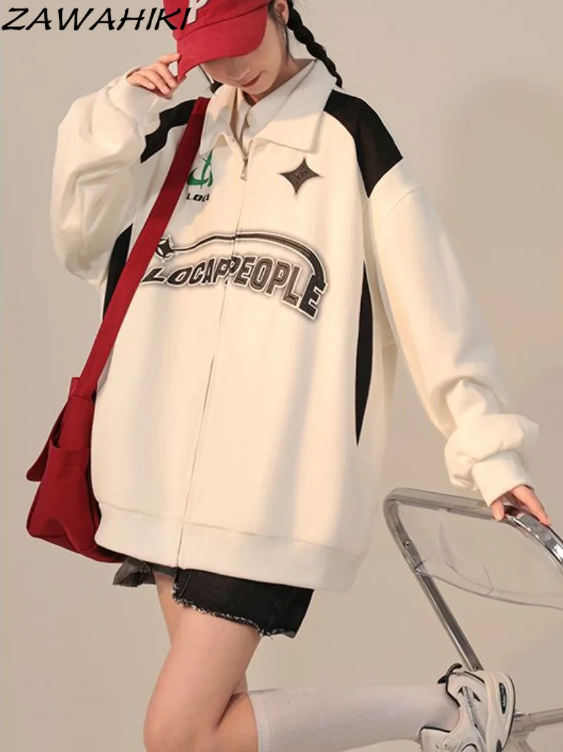 

Vintage Hoodie Y2k Women Patchwork Turn Down Collar Long Sleeve Tops 2000s Aesthetic Clothes Grunge Pullover Streetwear