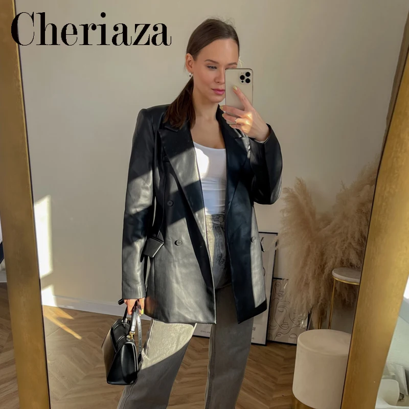 Женский двубортный жакет из искусственной кожи черный повседневный деловой Топ